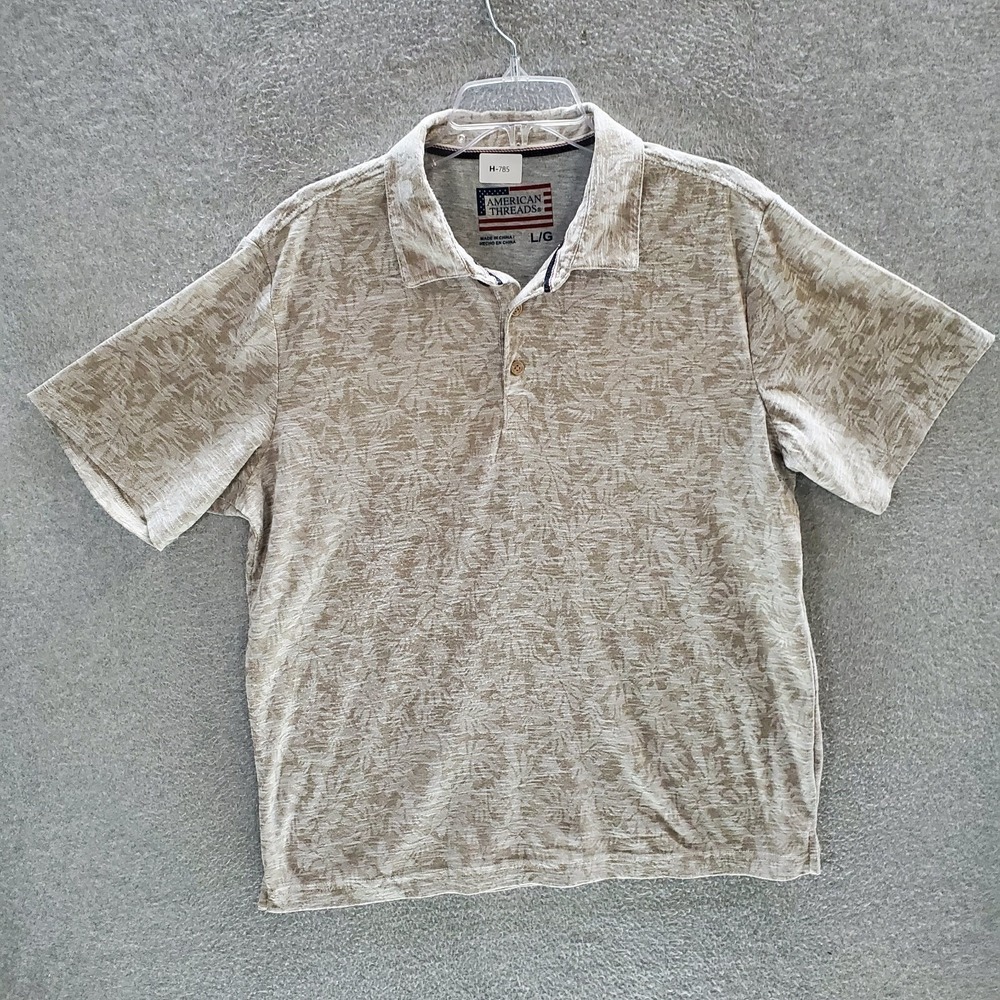 American Threads Men Polo Shirt Large Gray Leaf Print Tropical Hawaiian Collar